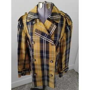 H&M Blazer Womens Navy Gold Plaid Double Breasted Jacket Sz 6 EUC